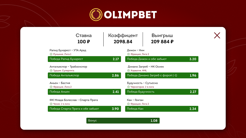 Клиент Olimpbet поднял больше 200 000 со ставки в 100 рублей